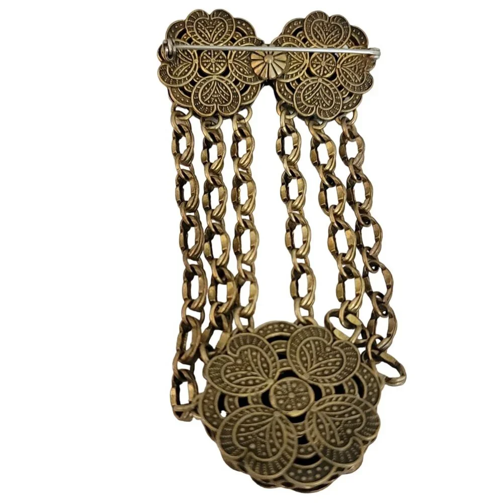 Gold Tone Etruscan Chatelaine Style Steampunk Brooch, M452